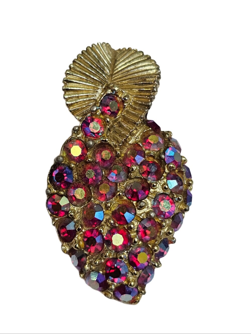 Vtg 1960s Red AB Rhinestone Strawberry Fruit Figural Brooch Pin Gold Tone MCM